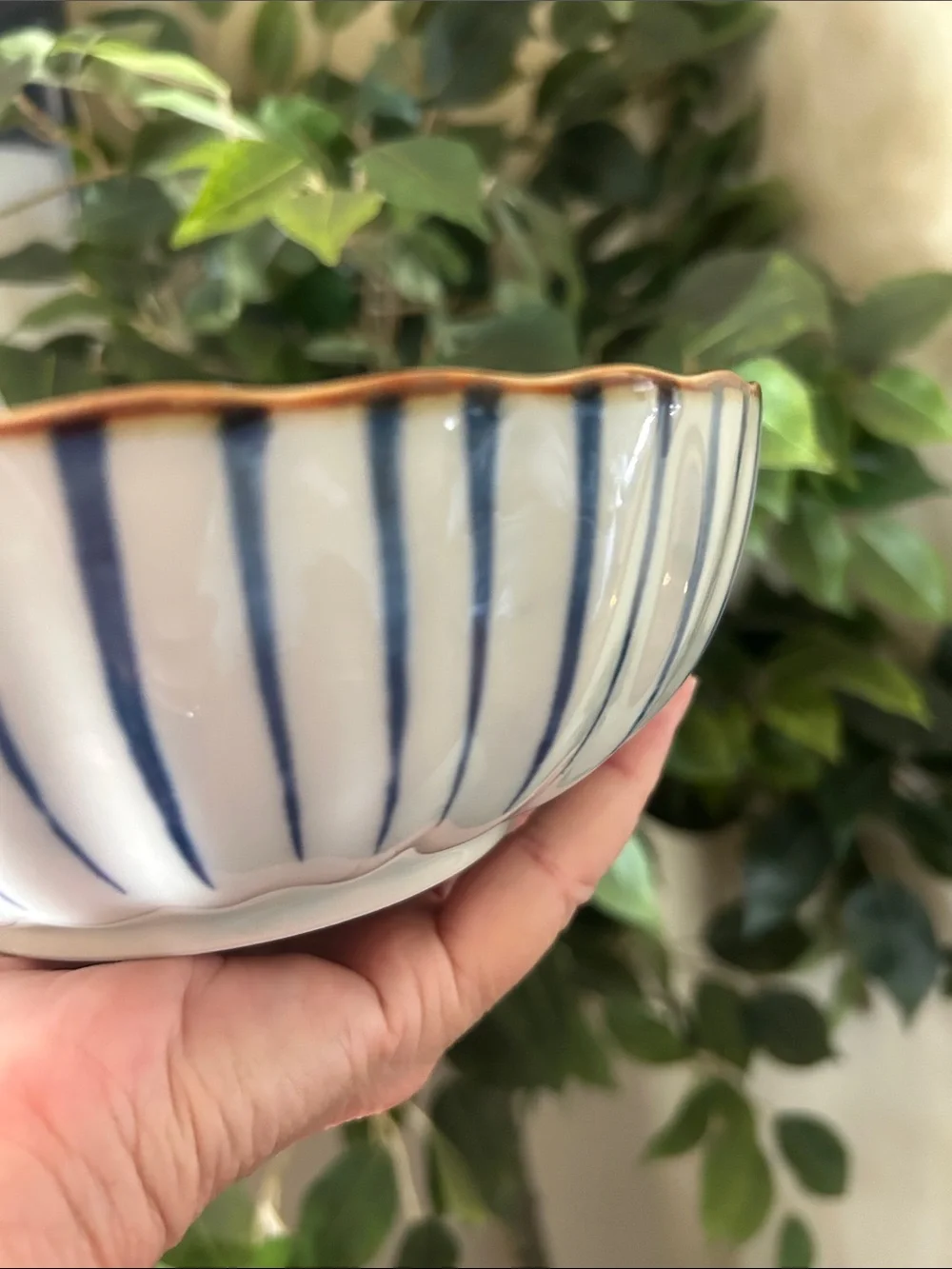 Vintage Japanese Tokusa Blue & White Fluted Ceramic Bowl.